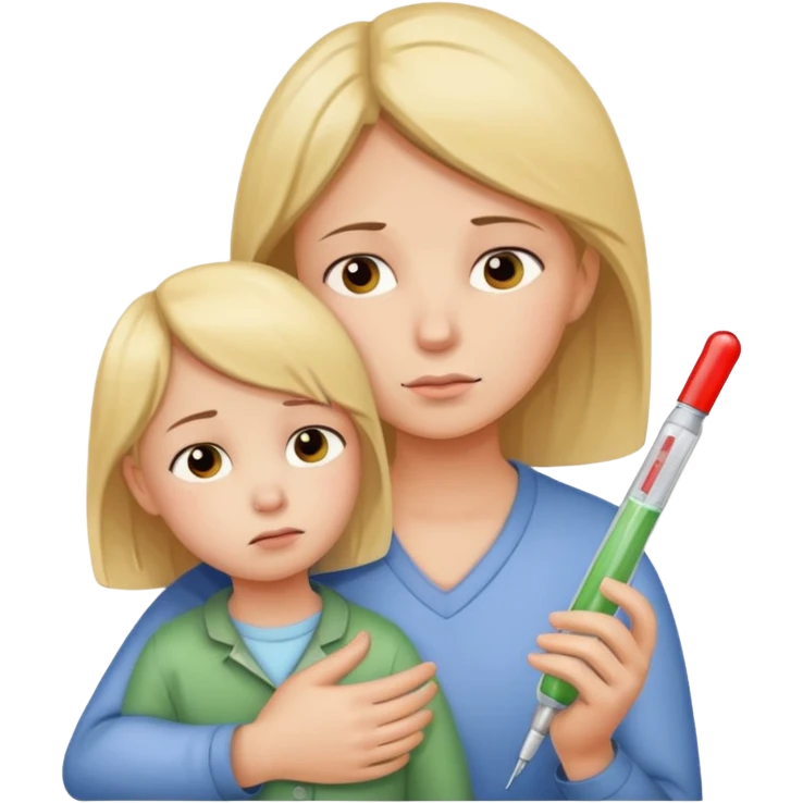tired parent comforting a child with a thermometer emoji