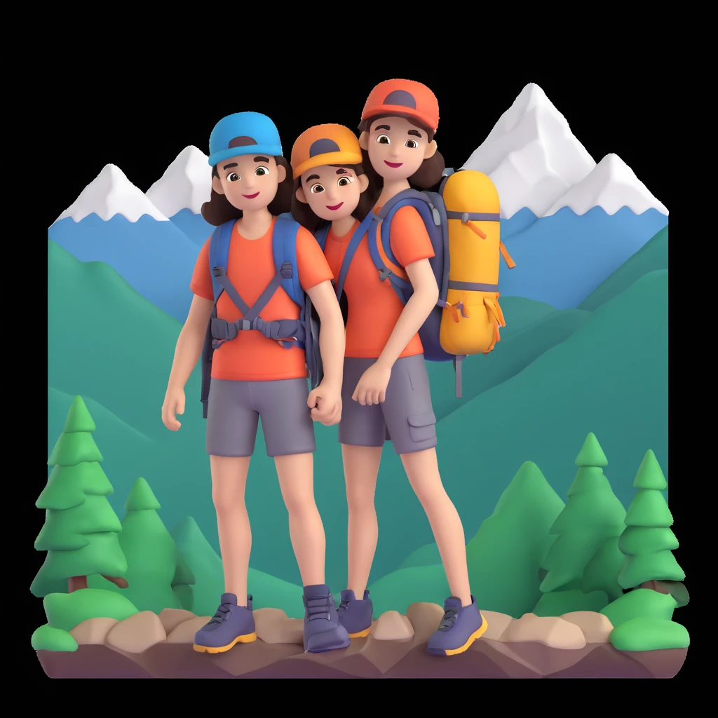 back packer couple posing, mountains in background,   close up pose emoji