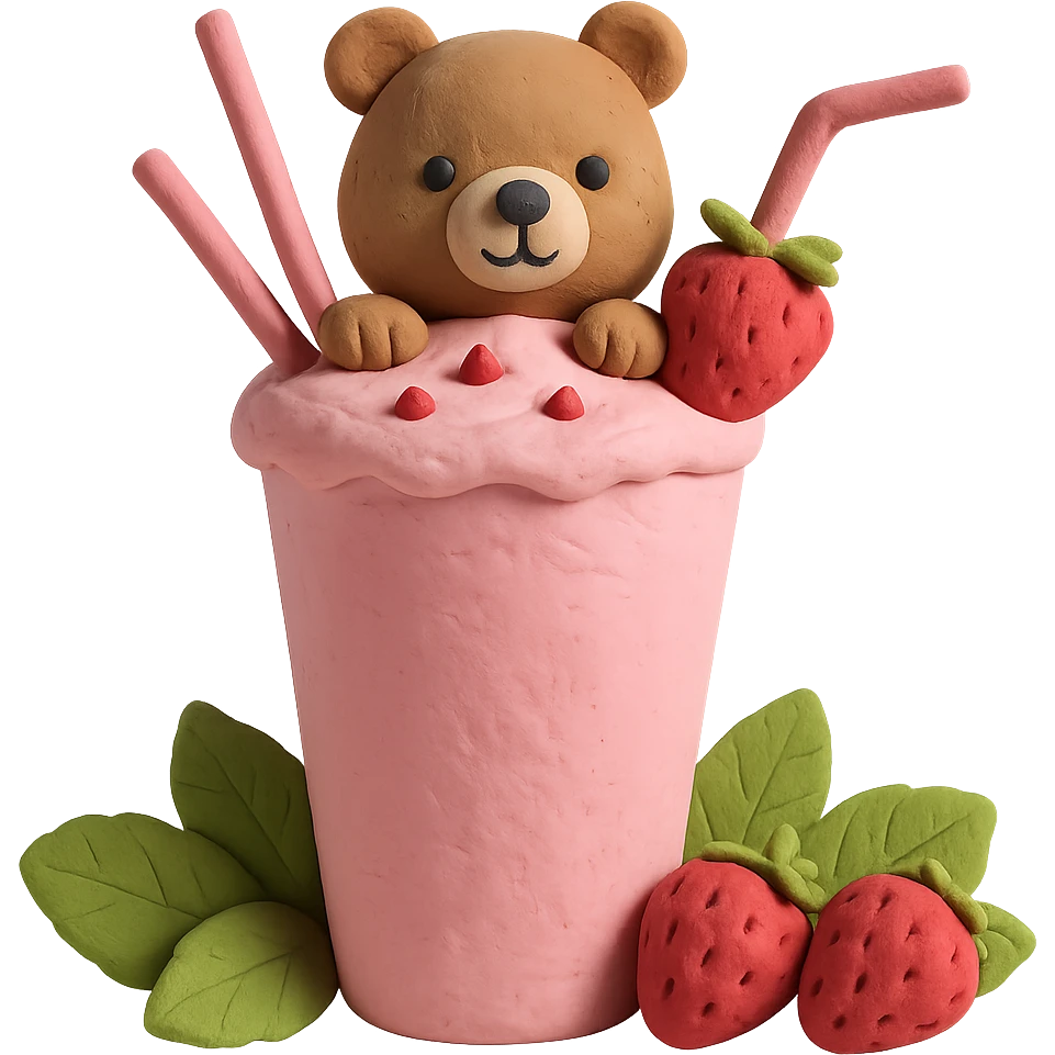 Strawberry milkshake cup with a straw, cute bear peeking out, two strawberries with green leaves, pastel colors, soft shadows, clean and minimalistic, 3D claymation style, no background emoji