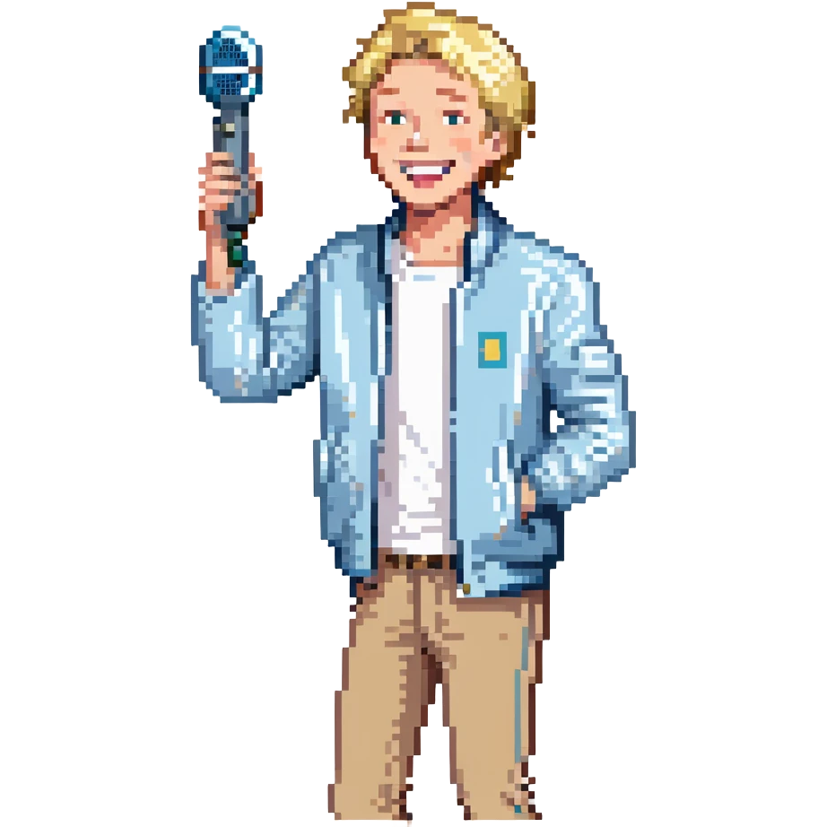 Pixel art style, expressive male performer, Caucasian features, short sandy blonde hair, lively eyes, wide cheerful smile, wearing a sky blue jacket over white tee, tossing a microphone in one hand, waist-up, front-facing emoji