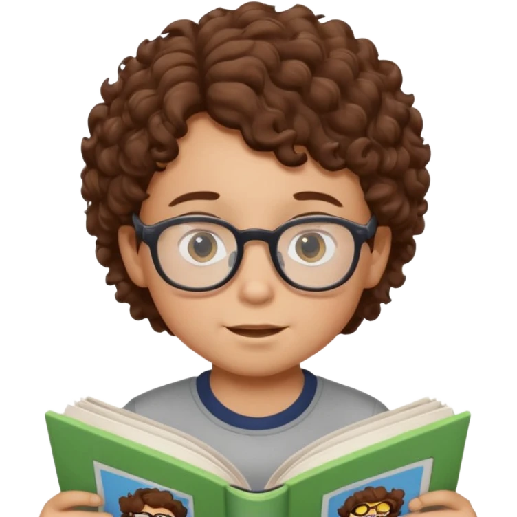 little boy with brown curly hair, wearing glasses, reading comic book emoji