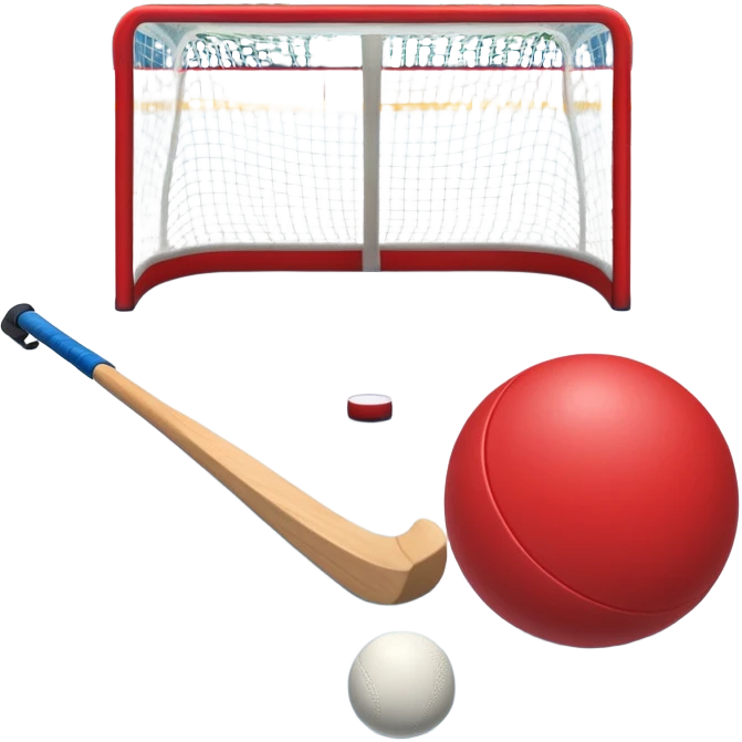 A red ball and hockey stick resting on an ice rink, with the goalposts and clear markings in the background. The scene captures the unique nature of field hockey with a ball on ice, emphasizing the speed and precision of the sport in a cold, competitive atmosphere. emoji