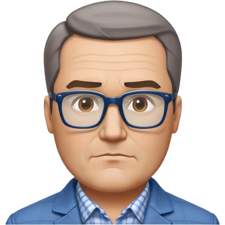 50-year-old heavyset man with very wide face and prominent square jawline. Short straight hair combed to the side, not balding. Large dark square glasses. Serious-relaxed expression. Light gray jacket that fits his larger frame, white shirt with blue checkered pattern. emoji