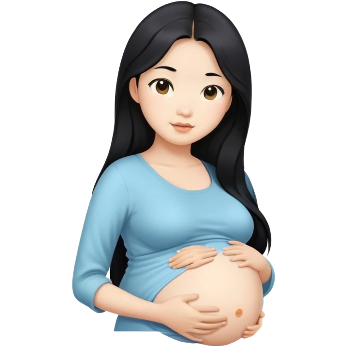 Beautiful Asian girl with long black hair, pregnant belly emoji