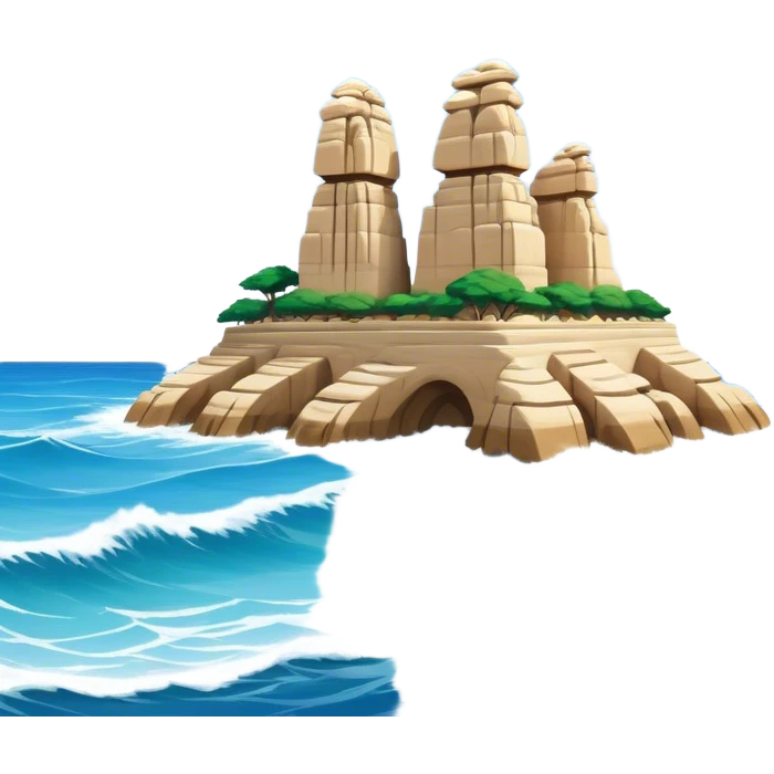 Cinematic Realistic Raouche Rocks, Beirut Landmark Emoji, depicting the majestic limestone rock formations rising from the Mediterranean Sea, with waves crashing against their bases under a vibrant sky. emoji