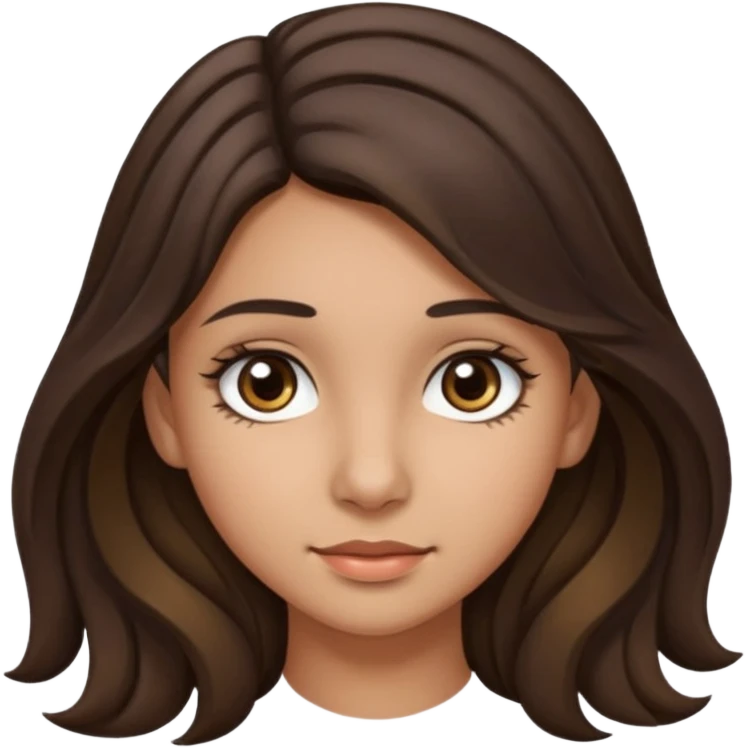 Create a emoji of a girl teen (14 years old) with dark brown hair and a little bit lighter brown in the end of the hair (but mixed) and waves in the hair, long hair, with MEDIUM FAIR TO OLIVE skin tone, dark brown eyes, perfect nose, long eyelashes emoji