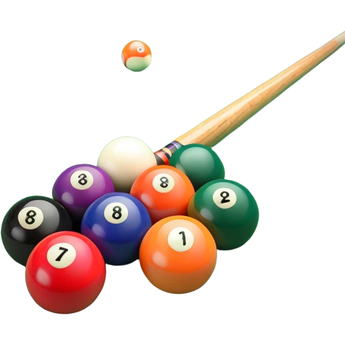 A close-up of a pool cue aimed at a set of colorful billiard balls resting on a green felt table. The focus is on the cue stick and the arrangement of balls, with subtle details of the game’s texture and atmosphere, emphasizing the precision and skill of billiards. emoji