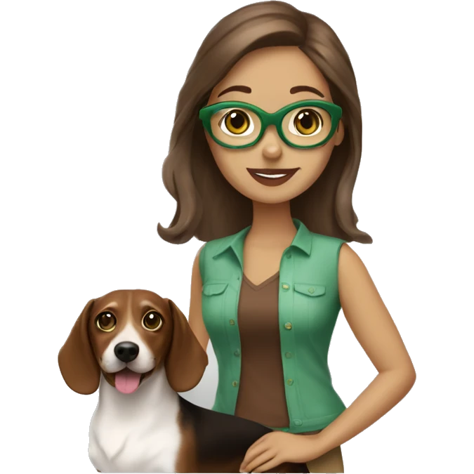 Beautiful White girl with brown hair green glasses with a duchshund dog color chocolate  emoji