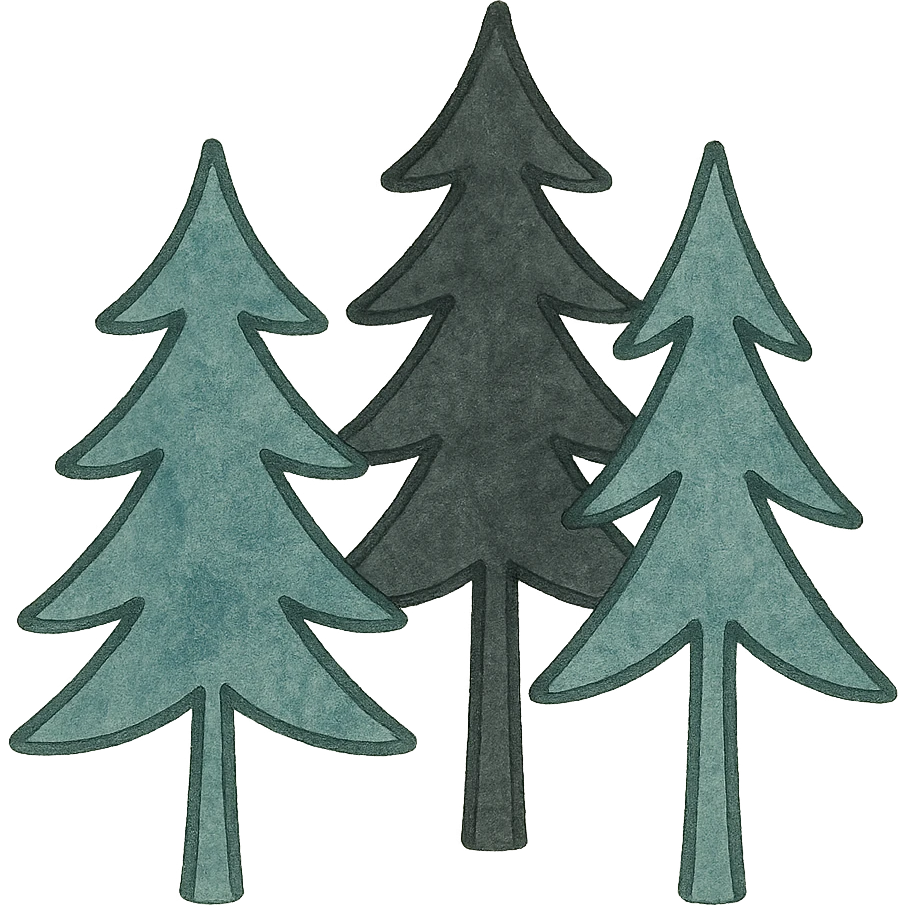 simple evergreen trees in folk art style, dark neutral forest color tones, watercolor texture with bold outlines, suitable for favicon emoji