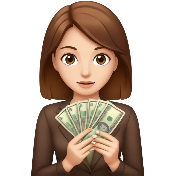 realistic portrait of brown hair woman with money emoji