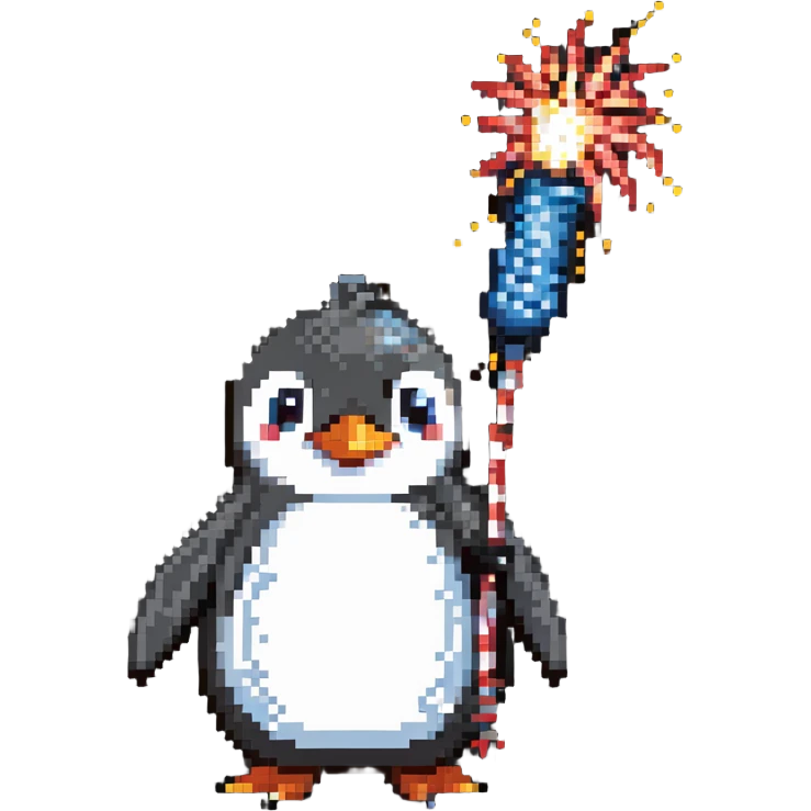 penguin holding a firework, grinning menacingly emoji