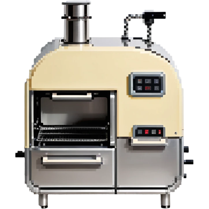 A robotic baker with stainless steel limbs, built-in mixers, and a retro-futuristic oven. The environment is industrial-chic: brushed metal surfaces, LED panels, and mechanical arms. UI mimics control panels with toggle switches, rivets, and analog dials. emoji