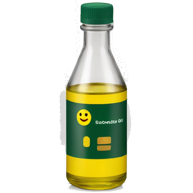 generic oil bottle, color dark green and yellow label, resting on surface emoji