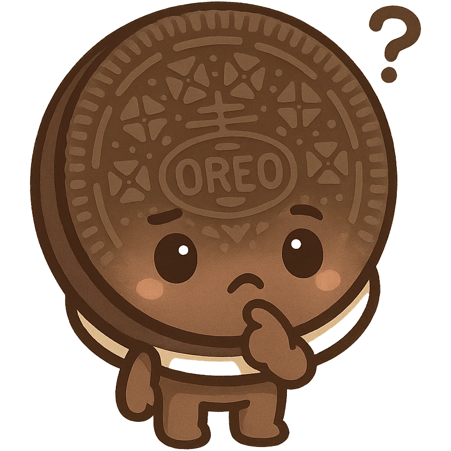 an Oreo cookie with a thoughtful expression, pondering, cartoon style emoji