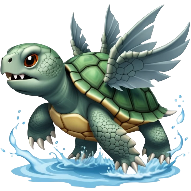A fierce turtle with sharp spikes on its shell, dragon wings, sharp fangs, fierce claws, shooting a powerful water jet and steam from its mouth emoji