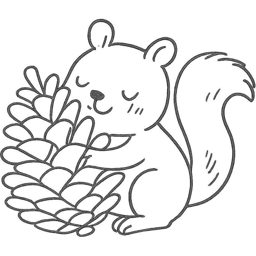 squirrel hugging a giant pine cone, forest kawaii illustration, hand-drawn style emoji