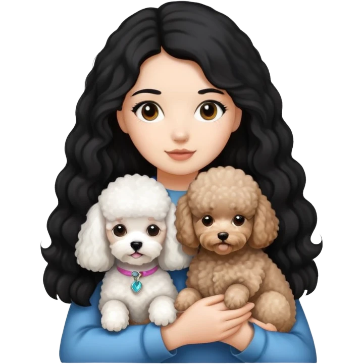 A girl with long black hair holding a Bichon and a small brown poodle emoji