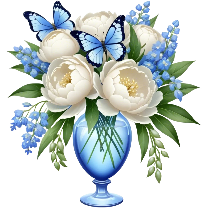 A crystal vase filled with a lush bouquet of white peonies and pale blue delphiniums sits atop a lace-covered table. A sheer ivory ribbon cascades down the side, intertwining with pearl beads, while a delicate blue butterfly flutters just above the petals emoji