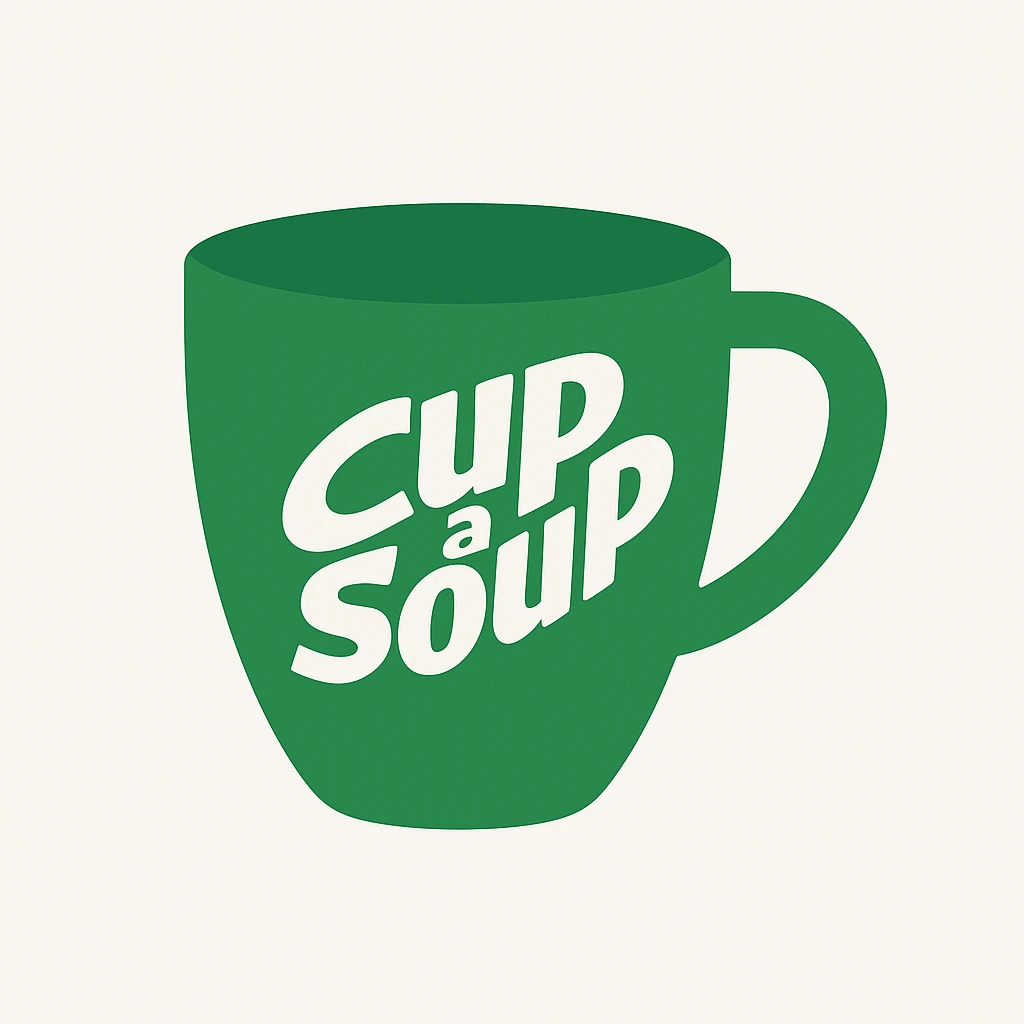 green cup featuring Cup A Soup logo, minimalistic, flat design, white background emoji