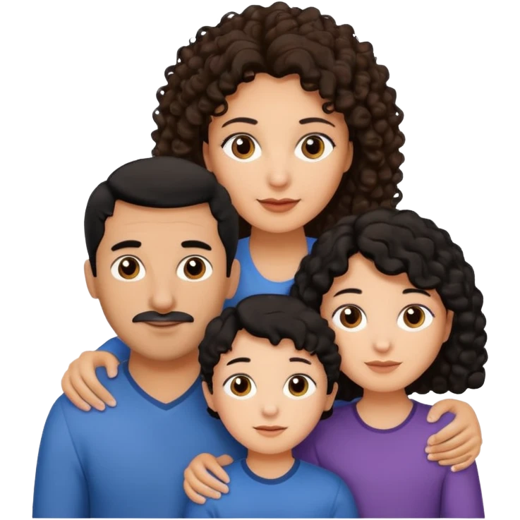  family, mom has brown eyes black hair brown skin, dad is white with brown curly hair and two kids boy and girl who are a mix of the two parents emoji