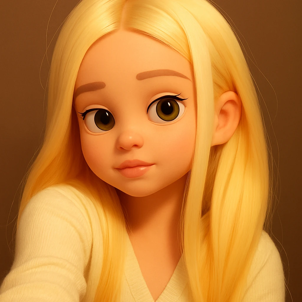 Make the image taller upwards to fully show the hair at the top and add background above, keep the same beautiful eyes and do not change the girl, preserve the 3d-emoji style emoji
