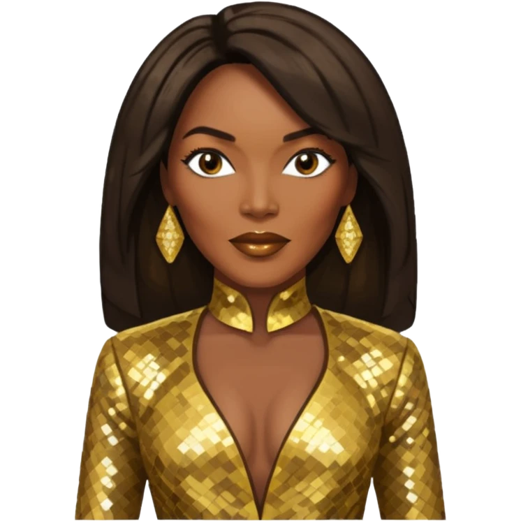 Angela Bassett with long dark brown hair, gold sequin outfit emoji