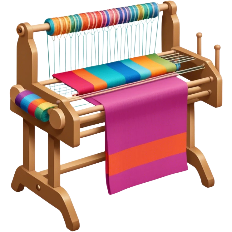 Weaving icon, loom with colorful fabric being woven, visible shuttle, spools of yarn, fabric swatches, sewing patterns, and finished clothing items, minimalistic style, clean lines, transparent background. emoji