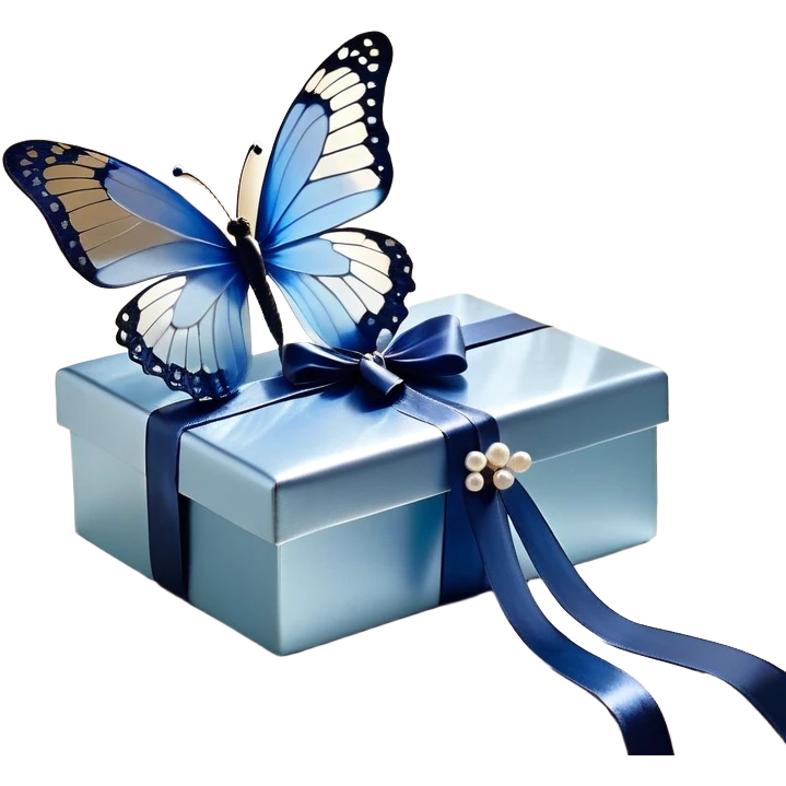 A translucent blue butterfly with pearl-like speckles rests gently on a cascading satin ribbon, its soft sheen reflecting the morning light. The ribbon, tied into an elegant bow, drapes over a lace-trimmed wooden box, while delicate shadows dance across its surface. Another butterfly, with wings as light as gossamer, flutters nearby, its movement barely stirring the air. emoji