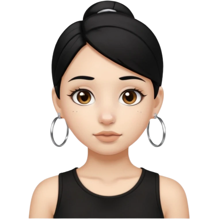 Franja, cabelo preto,cor de pele branca,pirceng de argolinha no nariz,olhos grandes castanhos emoji