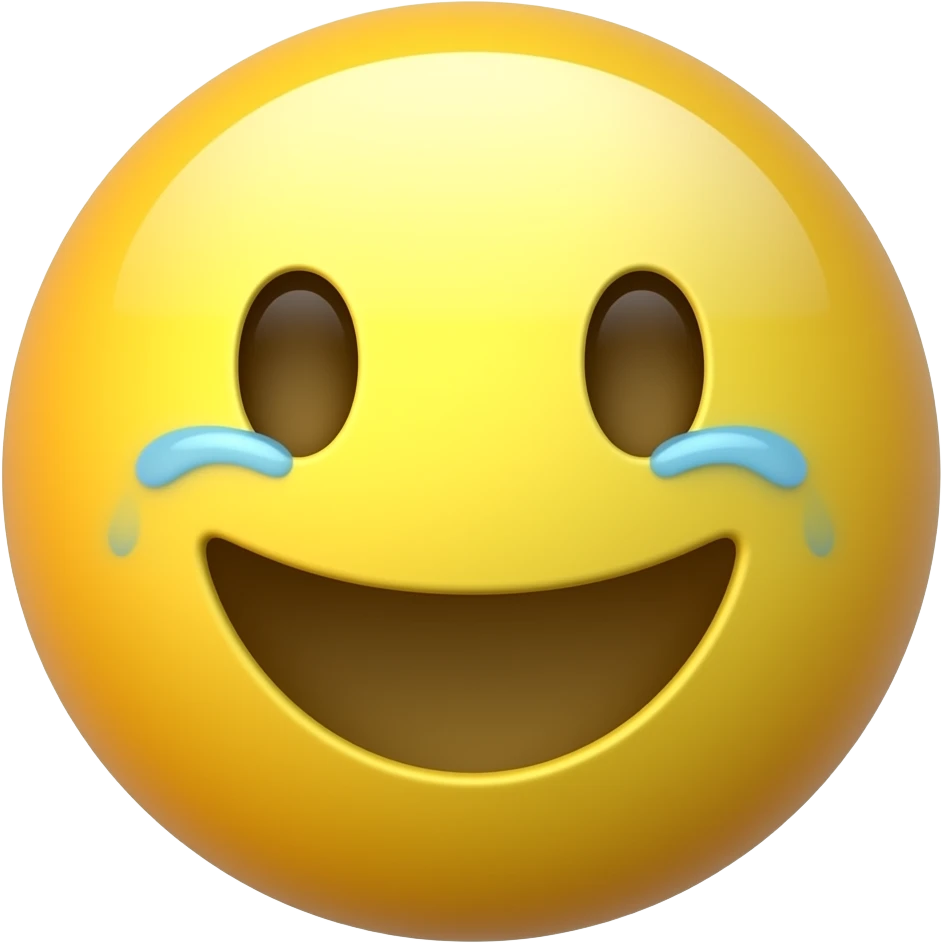 Glossy 3D rendered crying laughing emoji, classic round yellow circle face, front-facing, soft shading, white background emoji