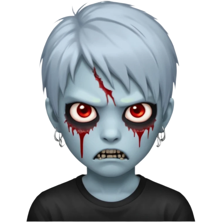  3D emoji-style avatar with very pale blue-grey zombie skin , a young Asian face, and large eyes with blood tears. Give it white litle bit messy mullet hair style , silver hoop earrings, and a plain black T-shirt. The face expression should be slightly angry, with vampire fang emoji