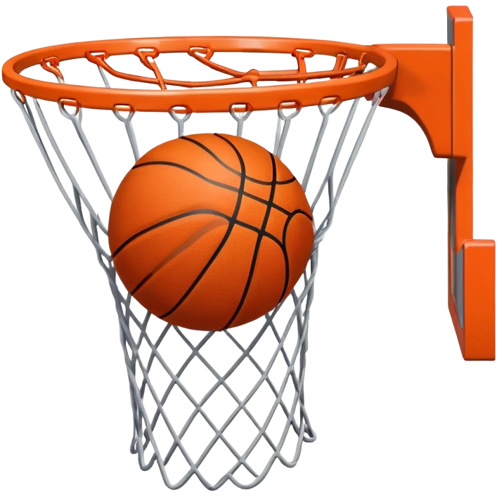 A close-up of a basketball shield and hoop with the ball swishing through the net, captured mid-air. The background emphasizes the tension and excitement of the moment, with the rim and net in sharp focus, showcasing the precision and skill of the sport. emoji