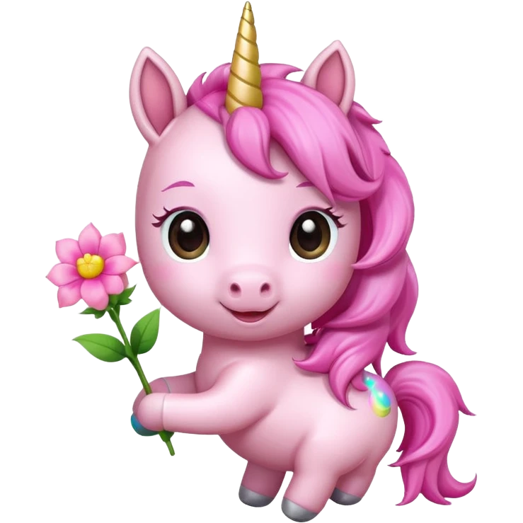 Cute happy anime  pink baby unicorn holding a flower 
 emoji