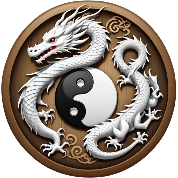 An icon symbolizing Eastern martial arts in the style of an emblem, featuring a black-and-white Yin-Yang symbol and a dragon at the center, surrounded by elements like a dojo. Transparent background highlights balance and power. emoji