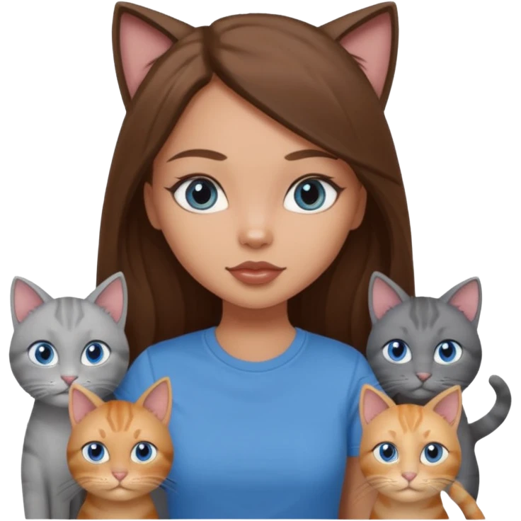 a pretty bratz dusky light skin girl with long brown hair, blue eyes with six cats nd wearing a grey tshirt emoji