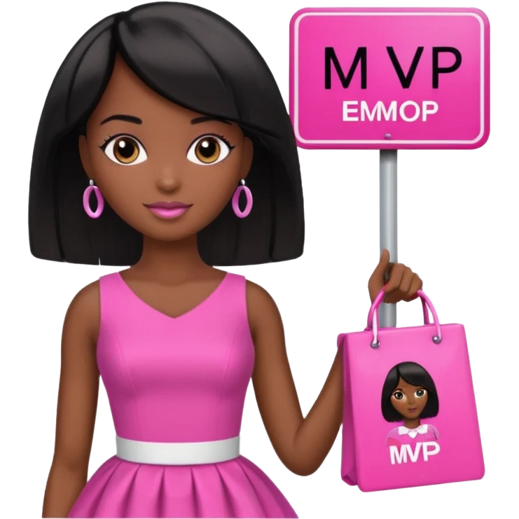 Dark skin Black barbie, short  black bob  hair, pink dress with a sign that says mvp emoji