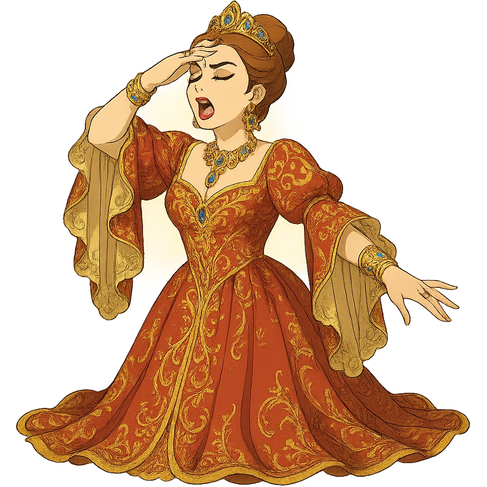 Make the drama queen on stage even more glamorous by adding ornate jewelry, a more extravagant gown, dramatic makeup, and a radiant spotlight. Keep the ghibli style with no background. emoji