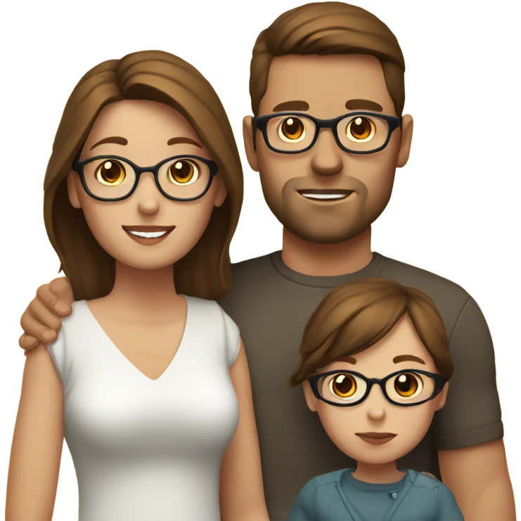 A white couple with brown hair. The main is wearing glasses with his arm around the wife. And the wife is holding a baby girl emoji