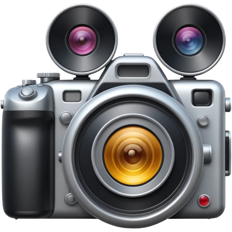 Minimal emoji icon of a huge cinematic metalic camera, front view, realistic lens, no gold emoji