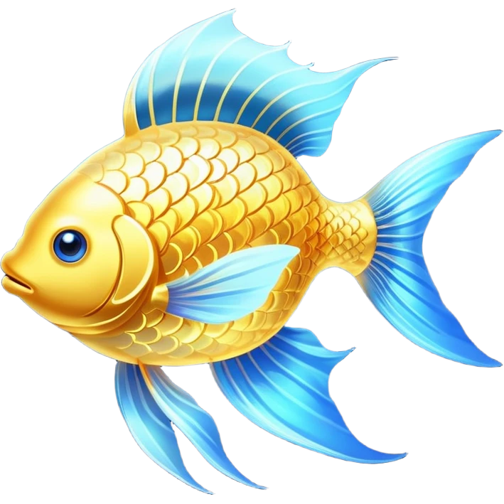 Ethereal golden fish symbol glowing with soft radiance, surrounded by a subtle blue aura. The fish has flowing, graceful lines with shimmering scales and translucent fins that appear to be moving in water. emoji