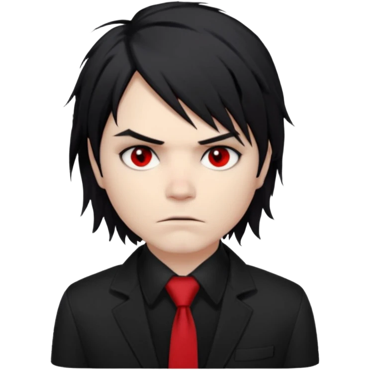 Gerard Way (Revenge Era)
Round, simplified emoji style
Pale skin tone
Jet-black, shoulder-length hair messy and emo
Heavy eyeliner and slight red shadow under the eyes
Subtle serious
Hint of red tie visible on black button up shirt.
Transparent background. Black eyeliner. Messy emo hair emoji