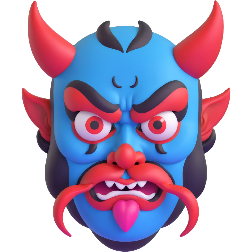 Japanese Tengu demon mask with thick black eyebrows, large cartoonish angry eyes, big curved red nose, black mustache, tongue sticking out, and blue sweat droplets on forehead emoji