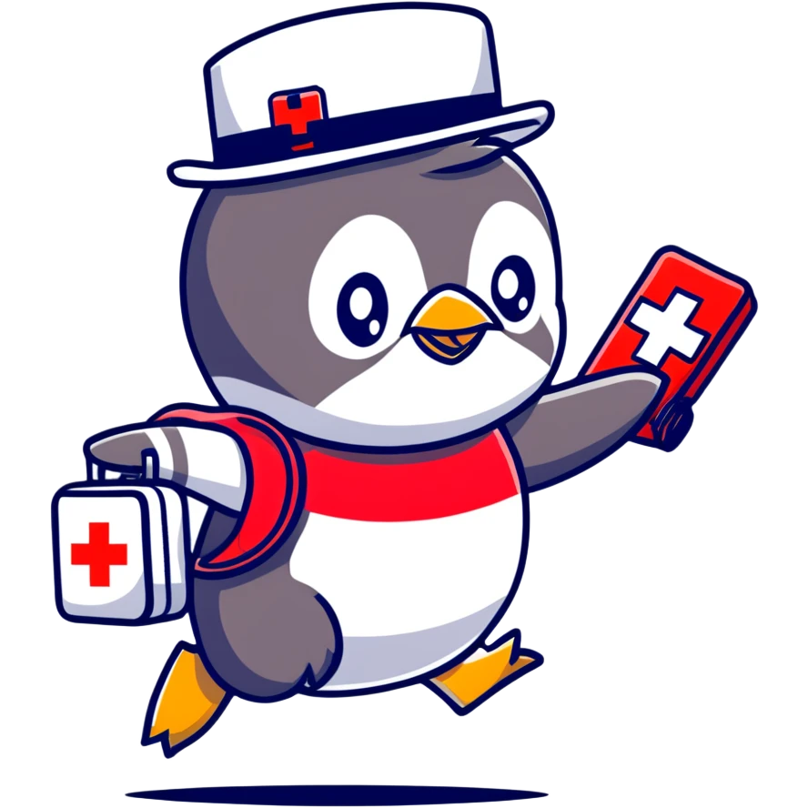 side view of a doctor penguin running with a top hat holding a first aid medical box with a red cross emoji