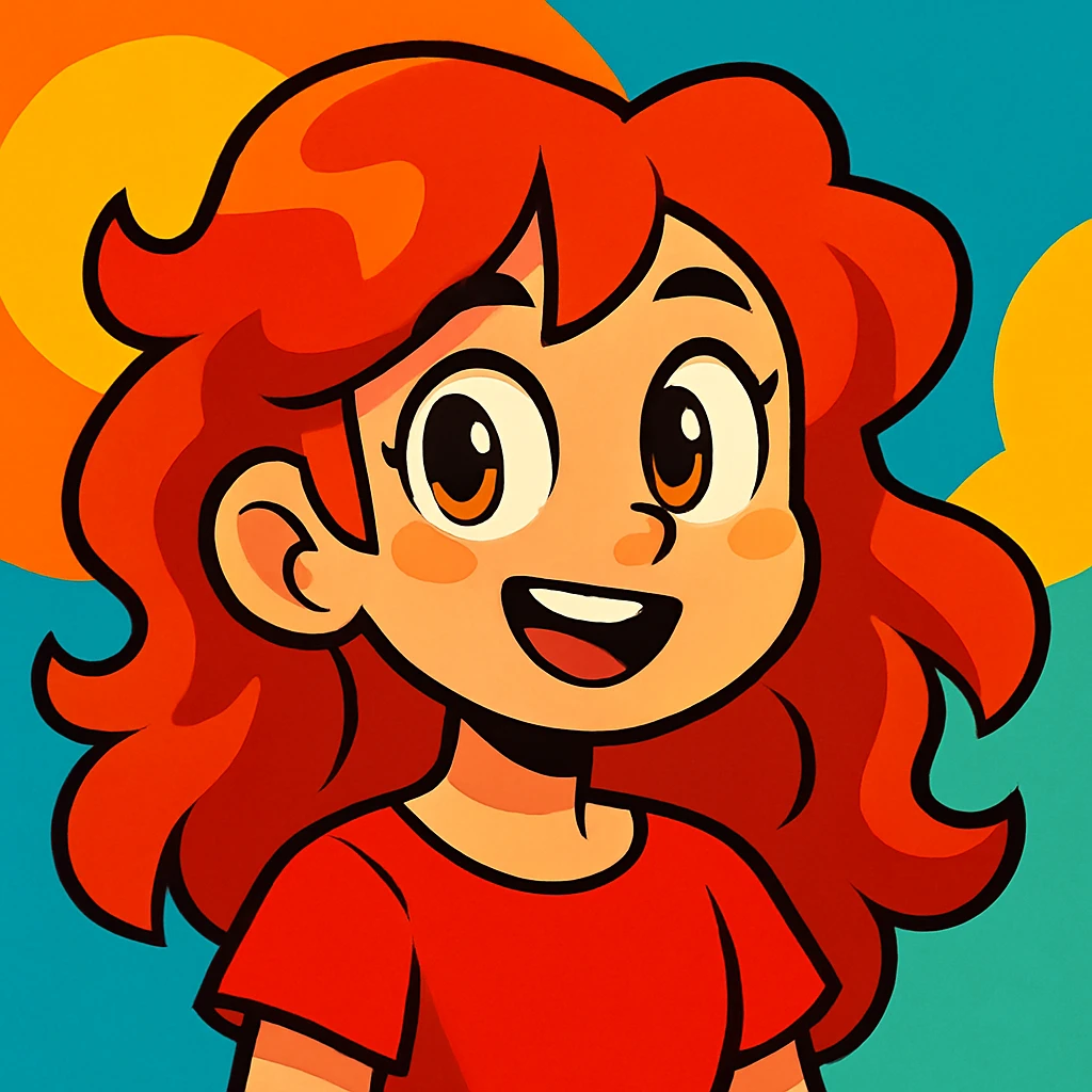 a girl with red, wavy hair, amber eyes, wearing a red top, vibrant cartoon style emoji