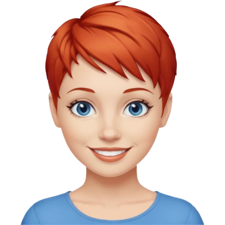 27 year old white woman, red hair, pixie cut, blue eyes emoji