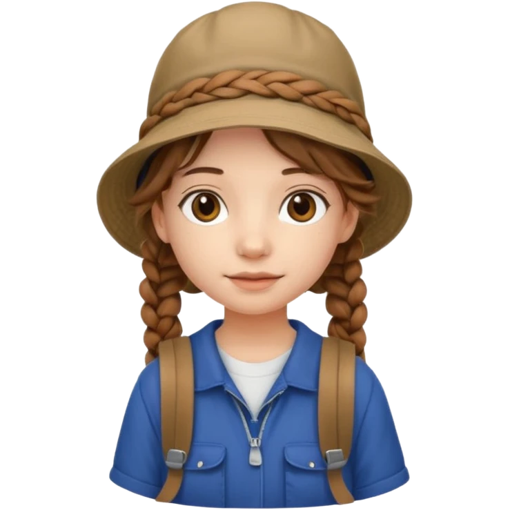 a young student girl with the backpack with bucket hat, brown wavy braided hair emoji