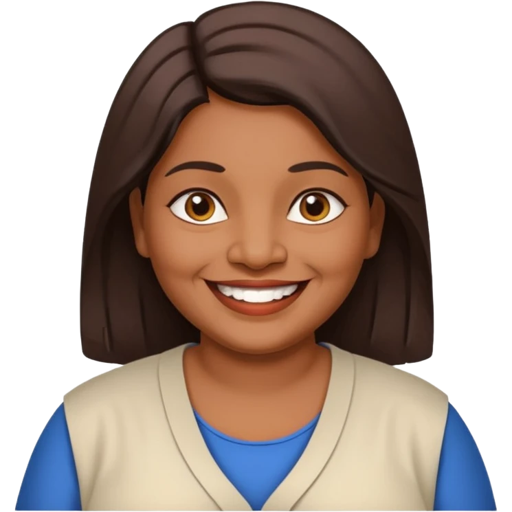 50 yr old chubby Sri Lankan woman, dark skin, straight brown hair, big smile, white teeth, european clothes, shoulder length hair emoji
