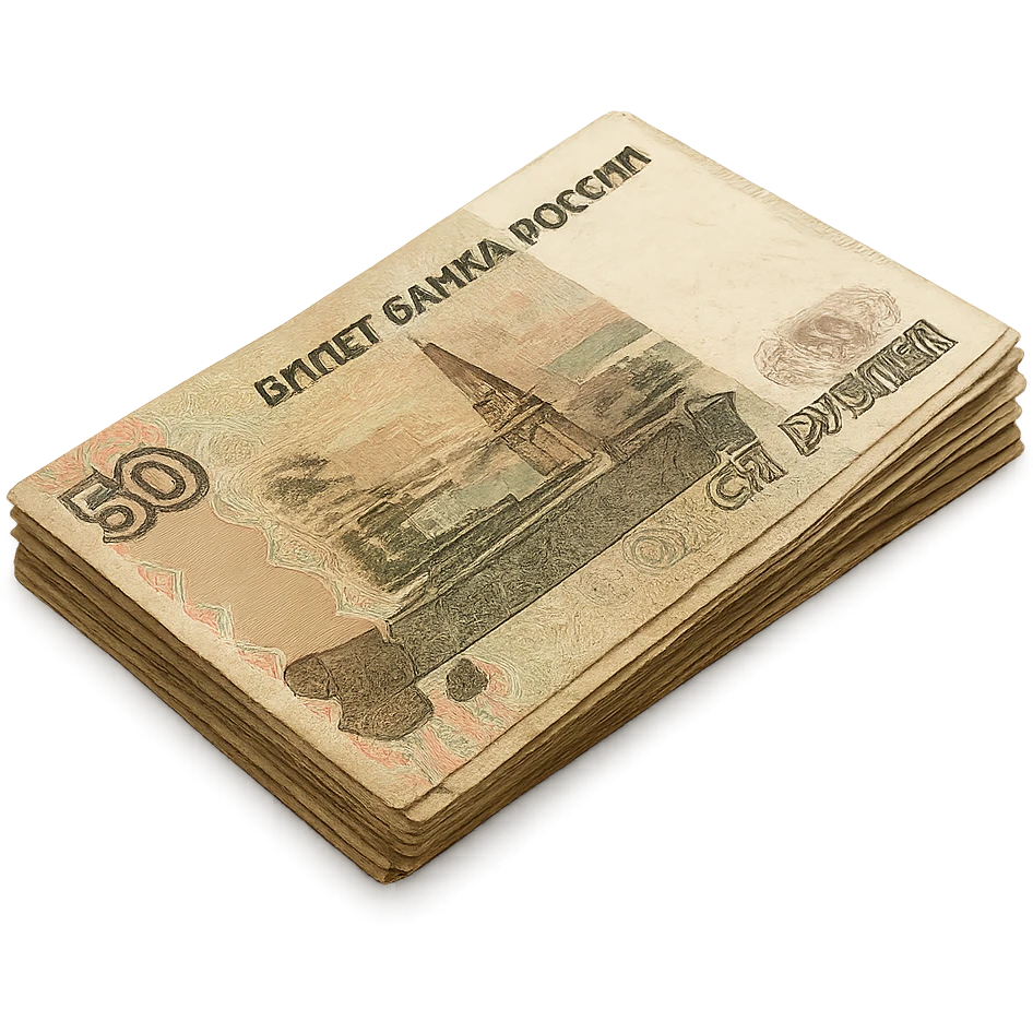 a small pile of Russian ruble banknotes, stacked and slightly fanned out, showing Cyrillic text and ornate patterns, no specific denomination, focus on recognizable Russian currency features, detailed, realistic emoji
