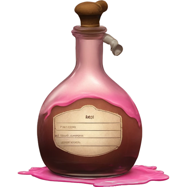 Mysterious Alchemical vintage glass potion bottle, exquisite bottle shape, old and shabby, with label, stylish and minimalistic, brown and pink, oil potion is poured out of the bottle, oil is spilled next to it emoji