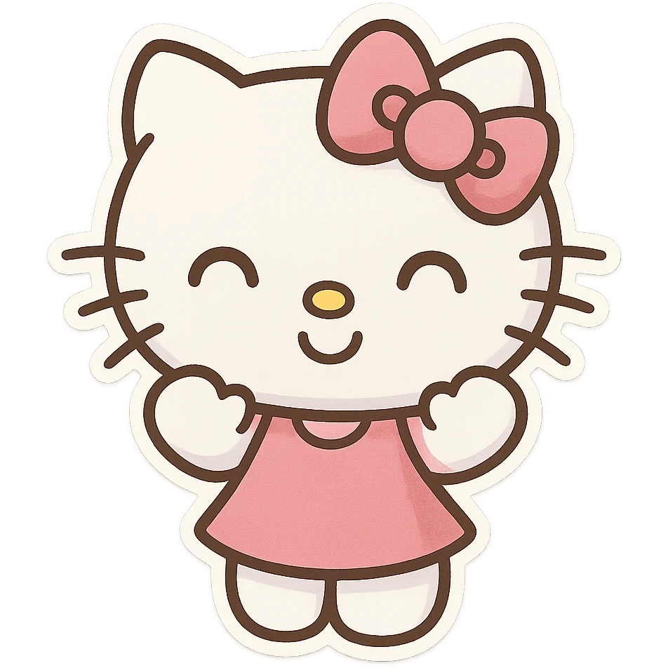 hello kitty emoji style, normal white head, pink bow, happy expression, pink dress emoji